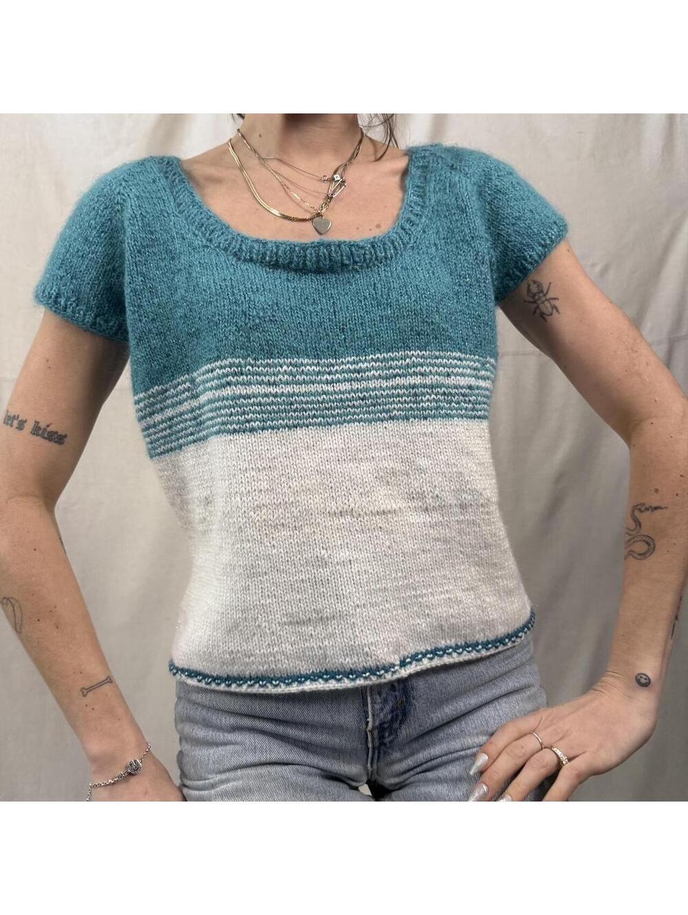 Handmade vintage knit top with a soft teal and white color block design cottage